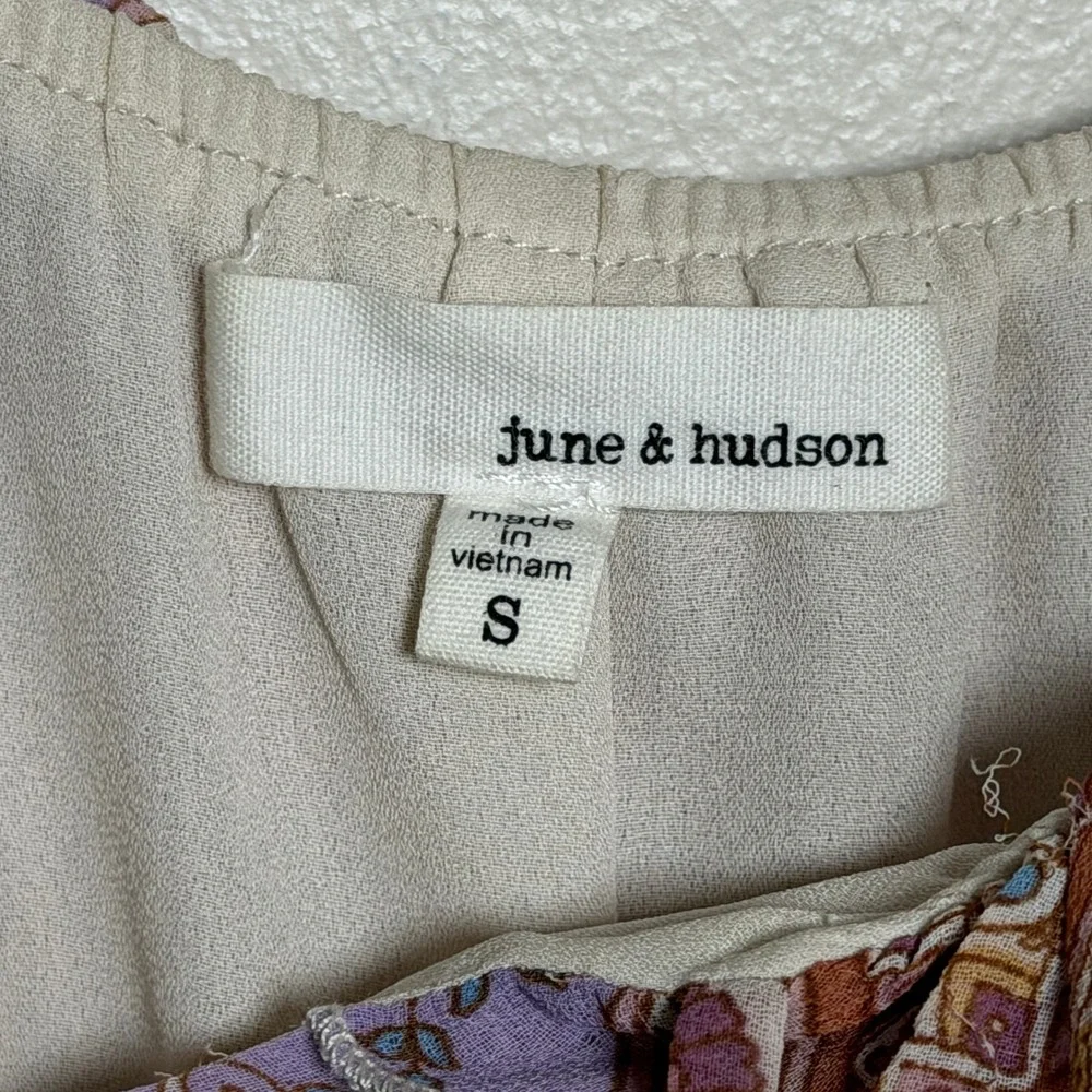June & Hudson Boho Paisley Patchwork Ruffle Midi Dress Purple Orange Small - Picture 3 of 9
